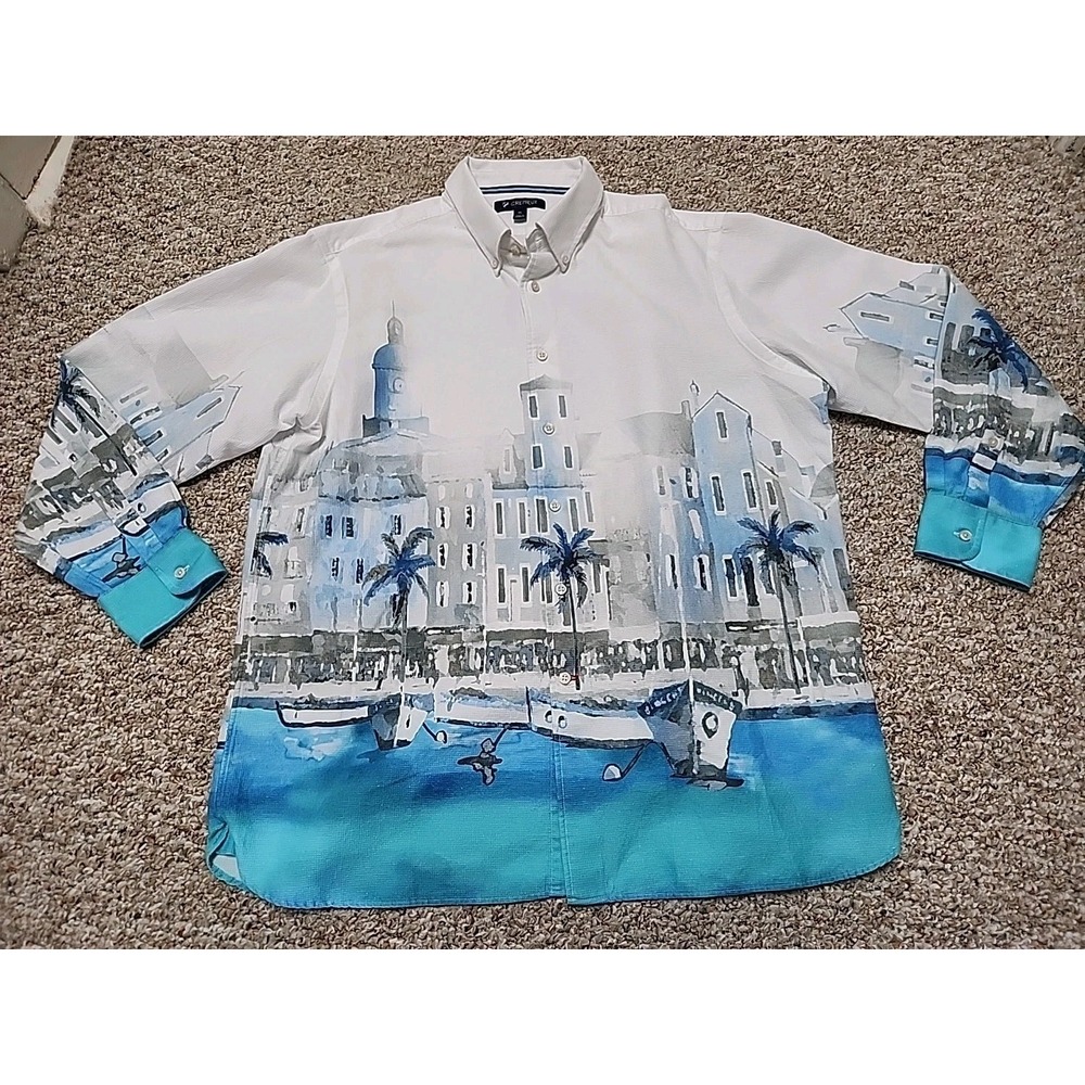 Cremieux Classic Long Sleeve Shirt  White Blue Tropical Puerto Rico Seaside XL